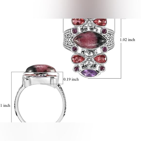 Rhodonite and Multi Gemstone Ring, Size 8, Platinum over Sterling Silver 4.7 ctw - Picture 6 of 6